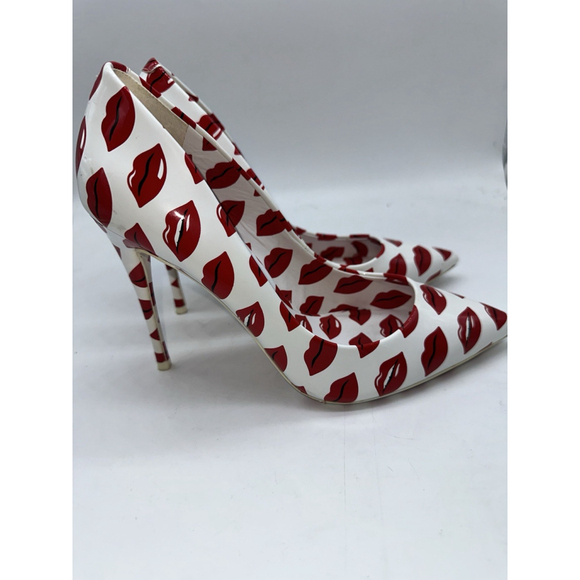 Aldo Stessy Lips Heels 8.5 White Red Print Pointed Toe Stiletto Pumps - Picture 1 of 11